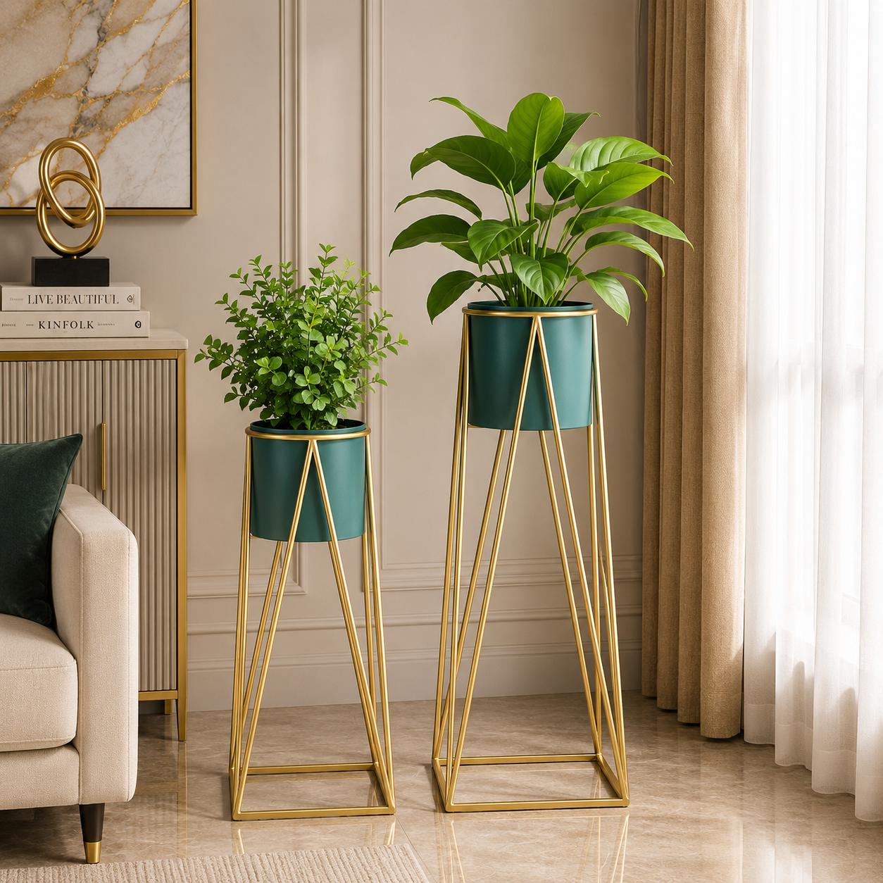 Luxury Gold Geometric Metal Planter Stand Set of 2 – Modern Floor Plant Holders for Elegant Home Décor