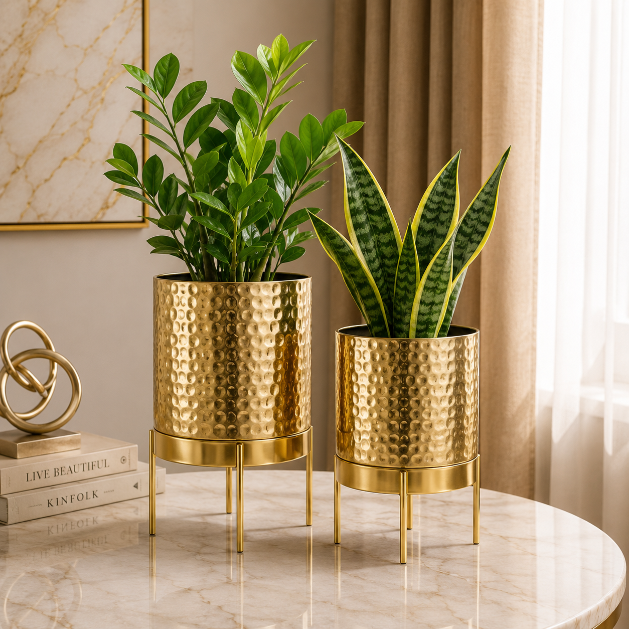 Luxury Hammered Gold Metal Tabletop Planter Set of 2 – Modern Decorative Plant Pots with Stand for Home & Office