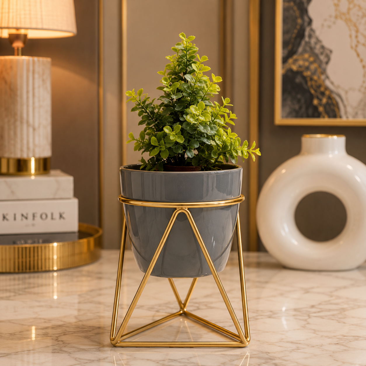 Luxury Geometric Metal Tabletop Planter – Modern Gold Stand with White Pot for Home & Office Décor