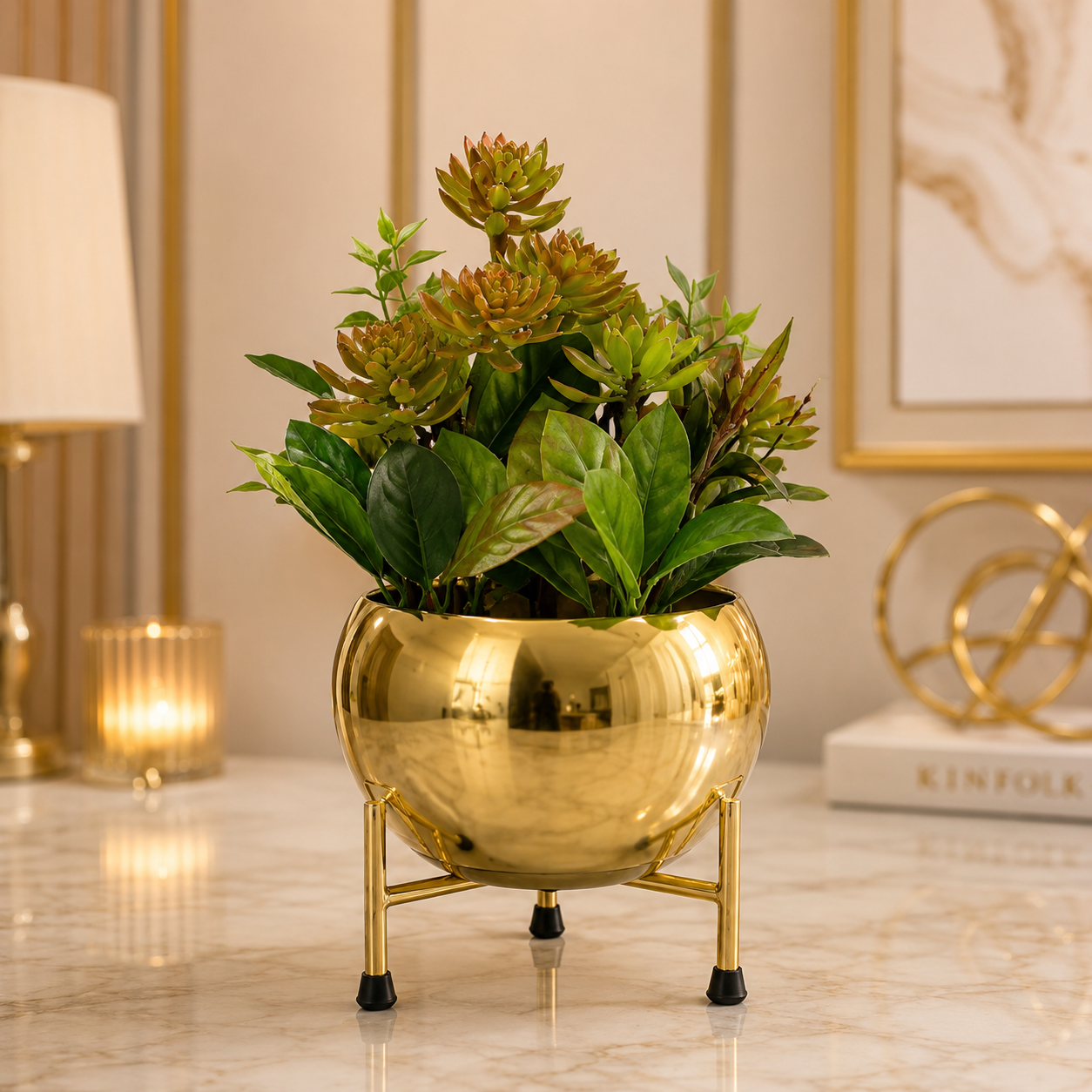 Luxury Metal Tabletop Planter – Modern Decorative Plant Apple Pot with Gold Stand for Home & Office Décor