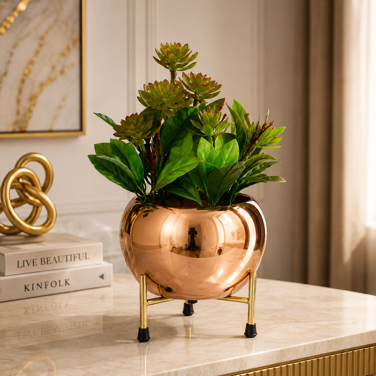 Luxury Metal Tabletop Planter – Modern Decorative Plant Apple Pot with Gold Stand for Home & Office Décor