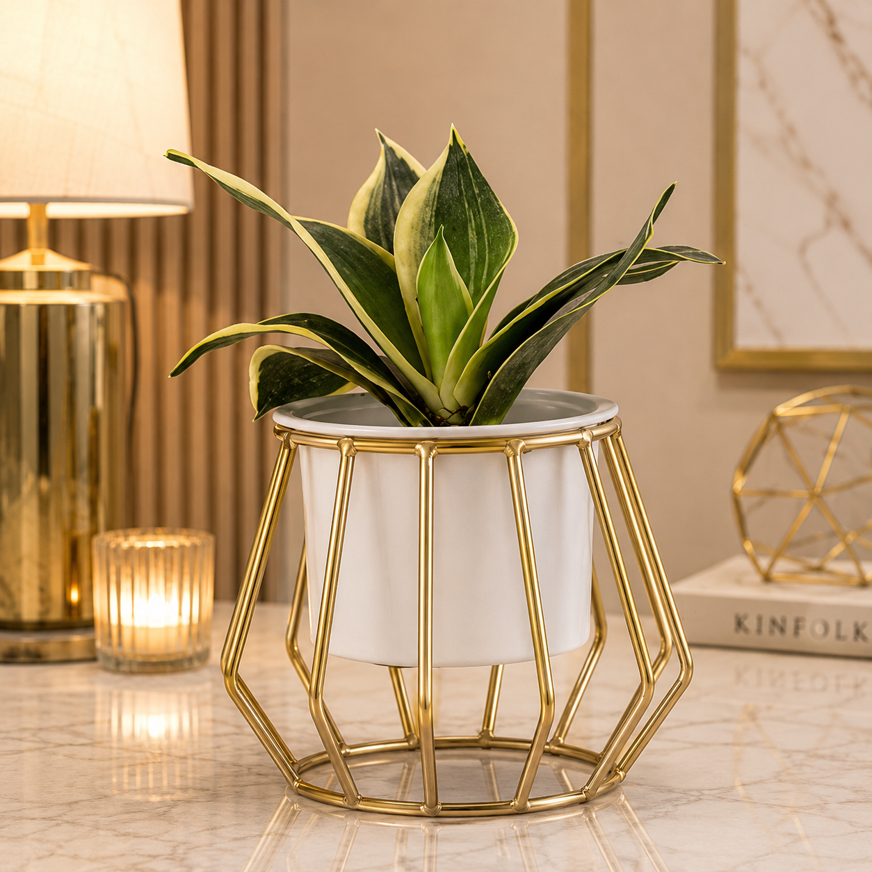 Luxury Geometric Gold Metal Tabletop Planter – Modern Decorative Plant Pot Stand for Home & Office Décor