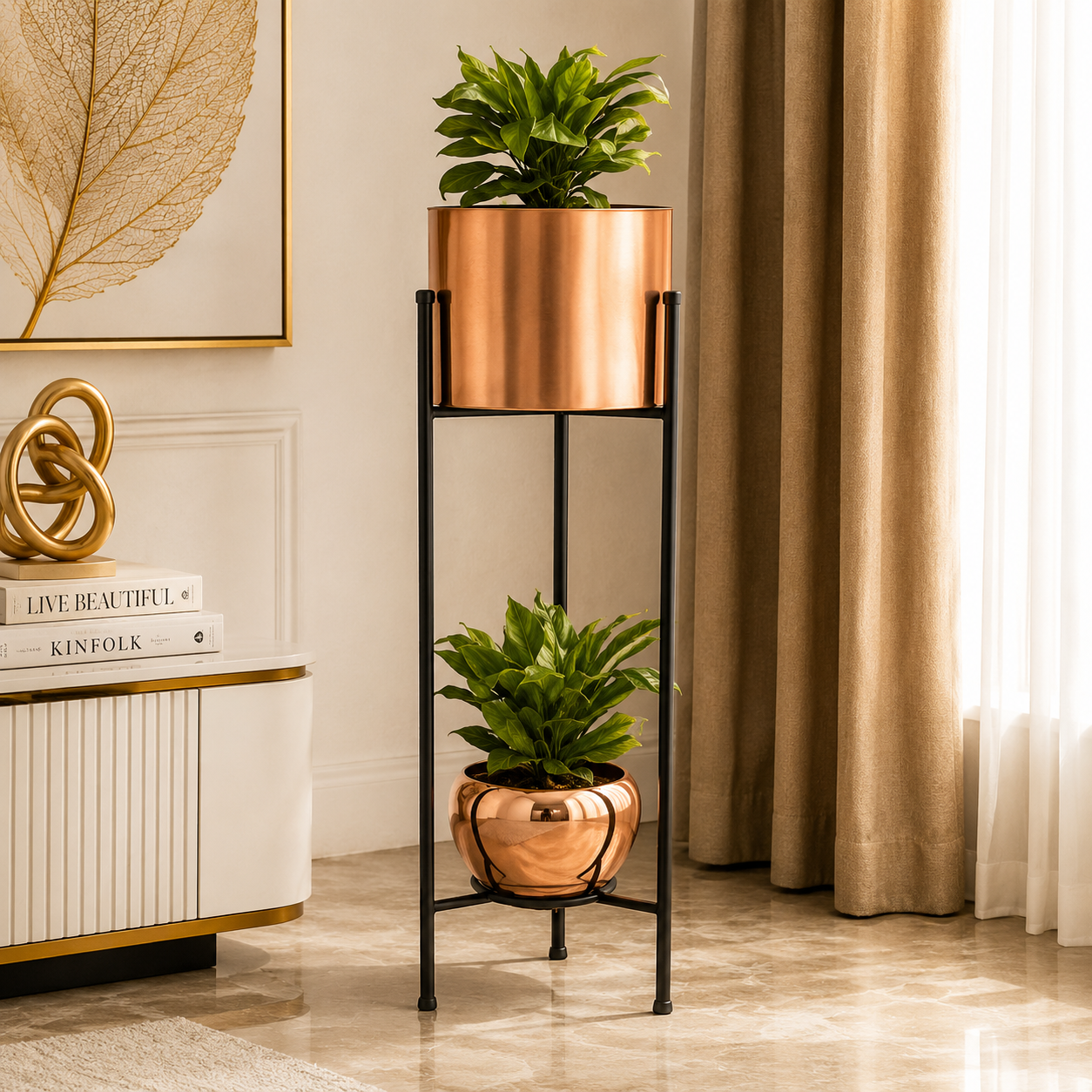 Luxury Marble Finish Dual-Tier Metal Planter Stand – Modern Decorative Plant Holder for Home & Office Décor