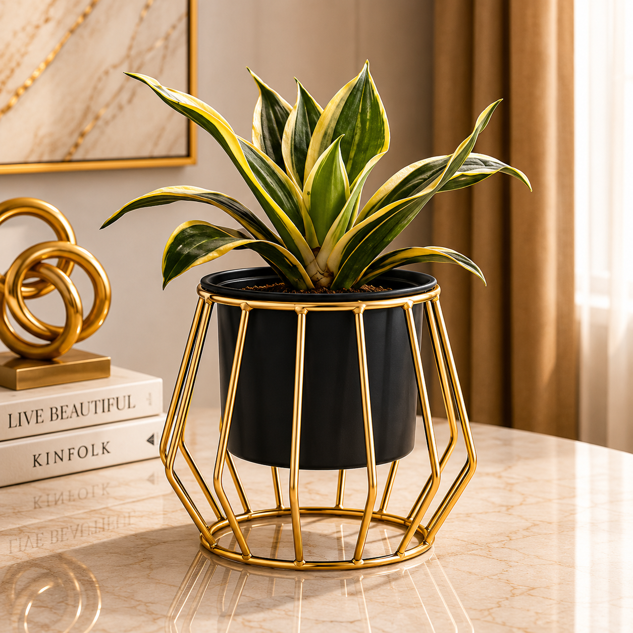 Luxury Geometric Gold Metal Tabletop Planter – Modern Decorative Plant Pot Stand for Home & Office Décor