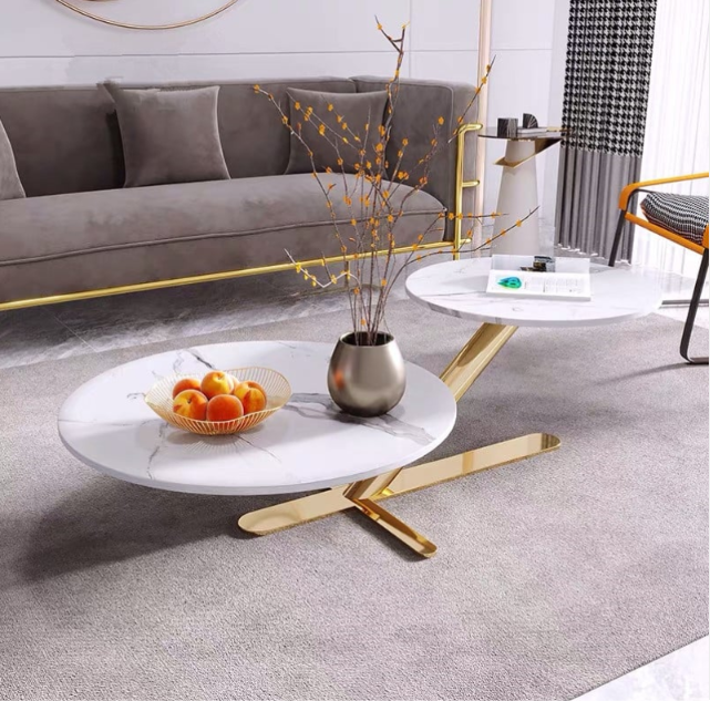 Luxury Nesting Coffee Table Set of 2 – Black Marble Top with Gold Stainless Steel Frame | Modern Living Room Center Tables Dual-Top Designer Center Table (Dutch Style)