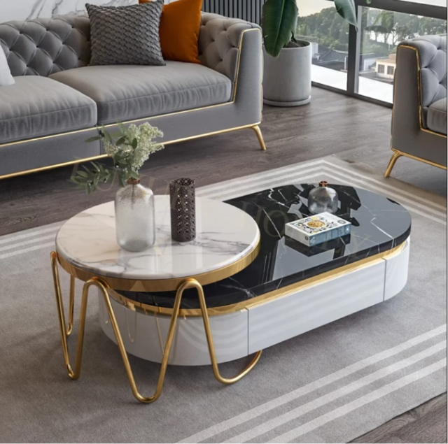 Modern Nesting Center Table Set with Storage Drawer, Marble Top & Stainless Steel PVD Gold Frame – Luxury Coffee Table for Living Room