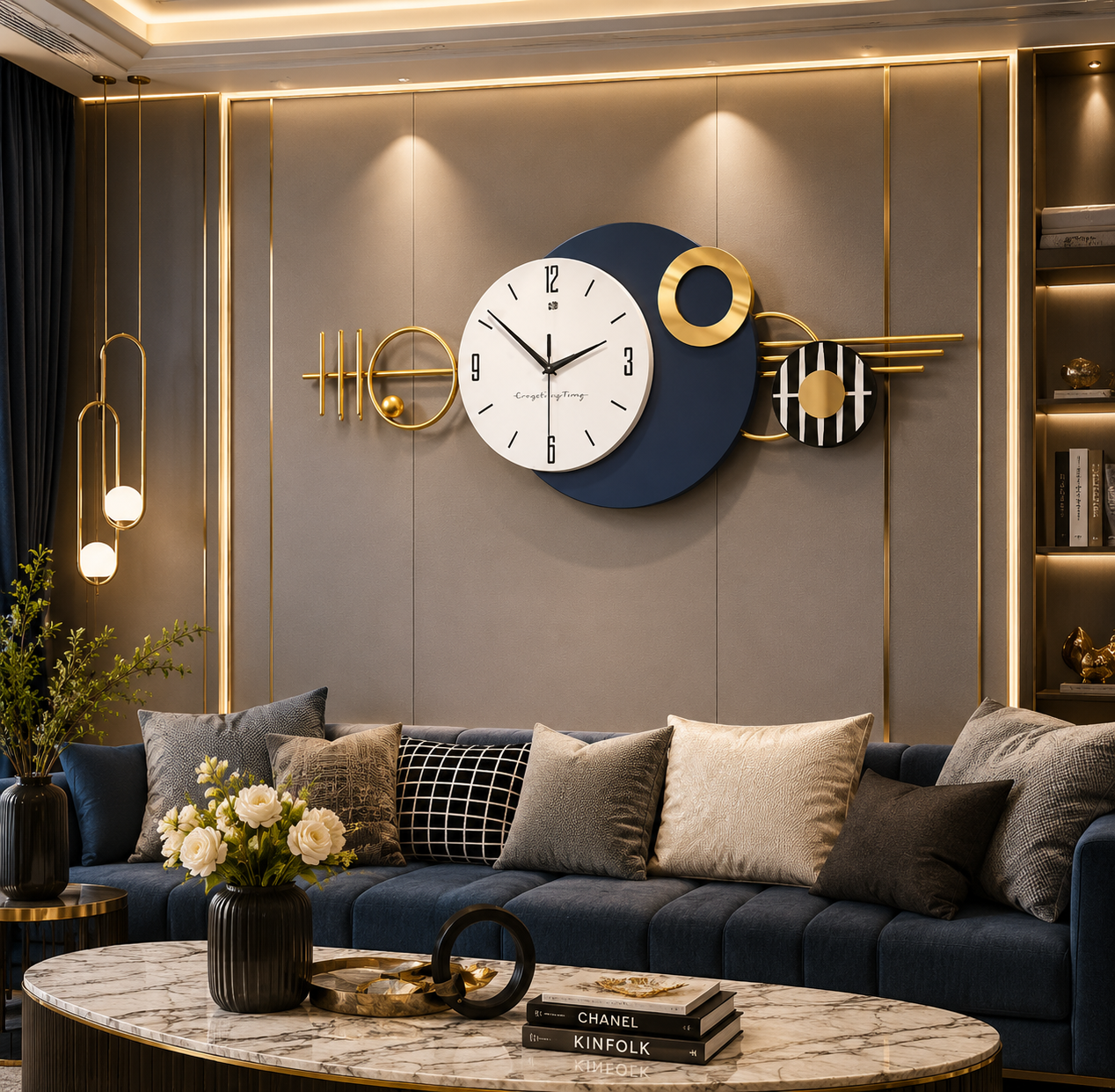 Orbit Luxe Modern Metal Wall Clock – Navy Blue & Gold Designer Statement Timepiece