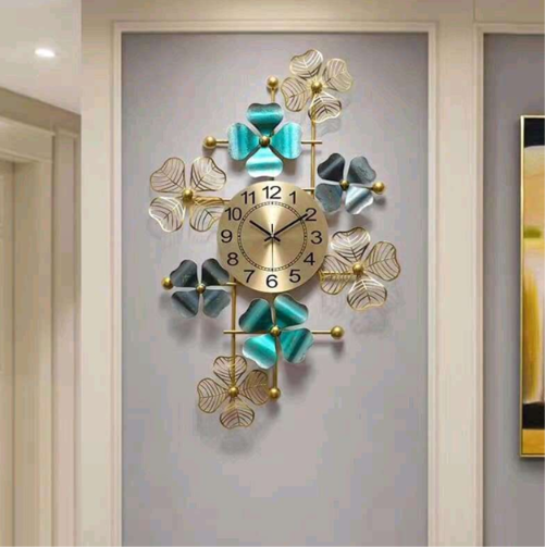 Bloom Luxury Metal Wall Clock – Gold & Teal Floral Designer Statement Timepiece