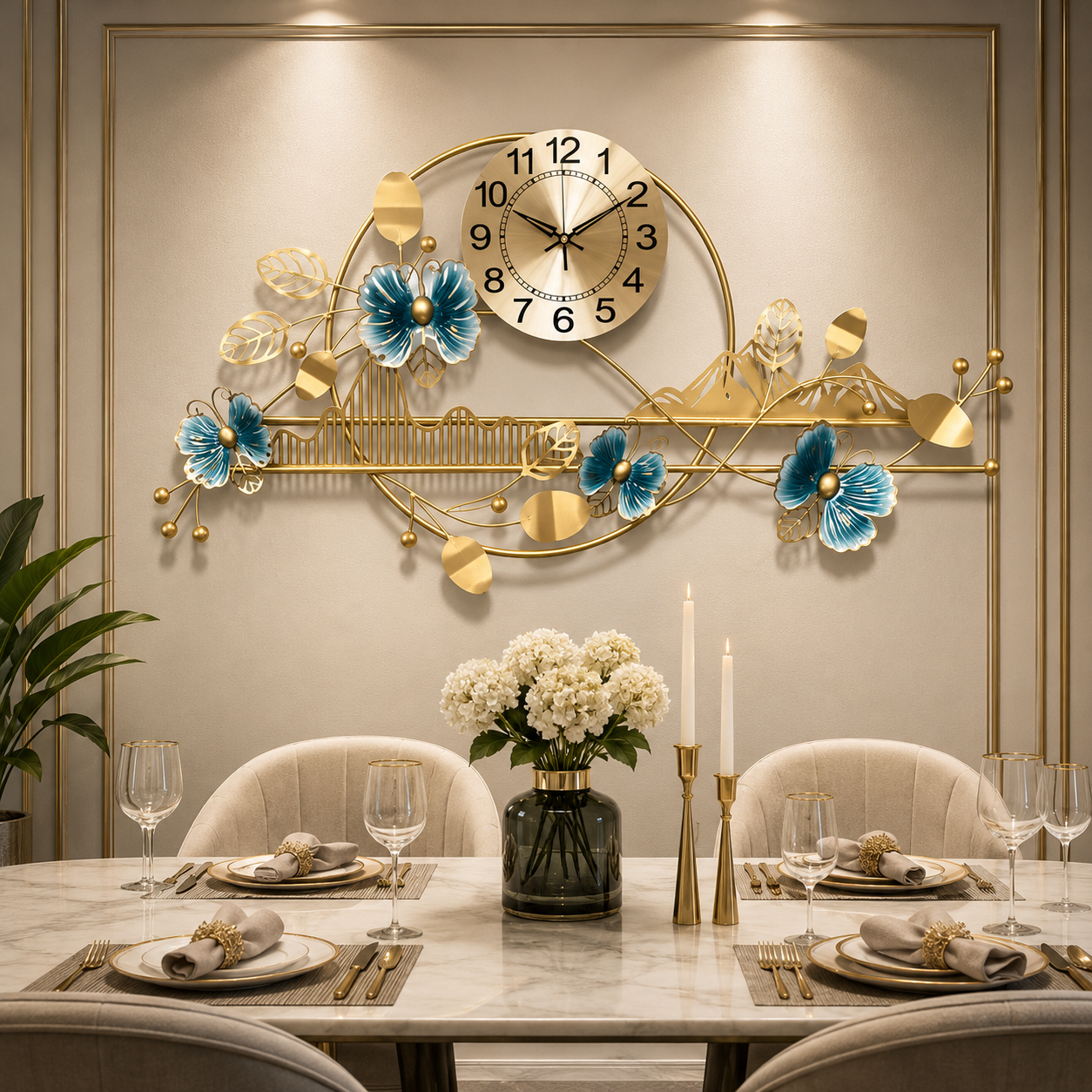 Azure Blossom Luxury Metal Wall Clock – Gold & Blue Floral Designer Statement Timepiece