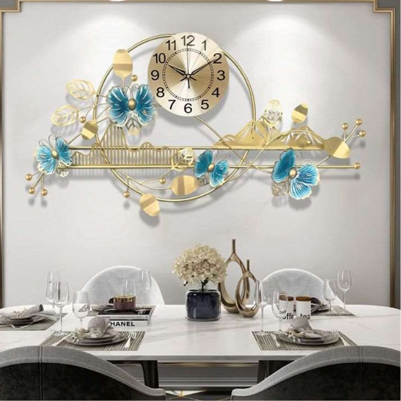 Azure Blossom Luxury Metal Wall Clock – Gold & Blue Floral Designer Statement Timepiece