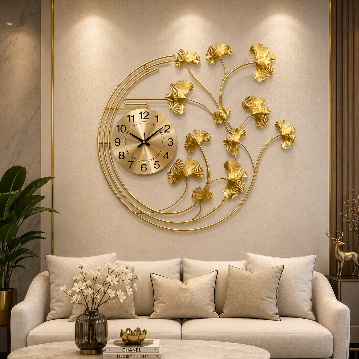 Ginkgo Royale Luxury Metal Wall Clock – Golden Botanical Designer Statement Timepiece