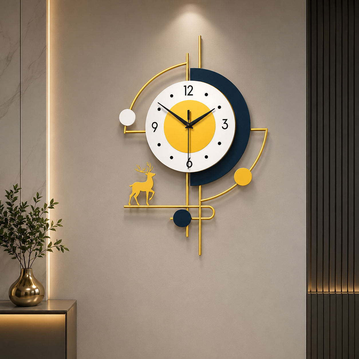 Nordic Orbit Deer Luxury Metal Wall Clock – Modern Geometric Designer Statement Timepiece