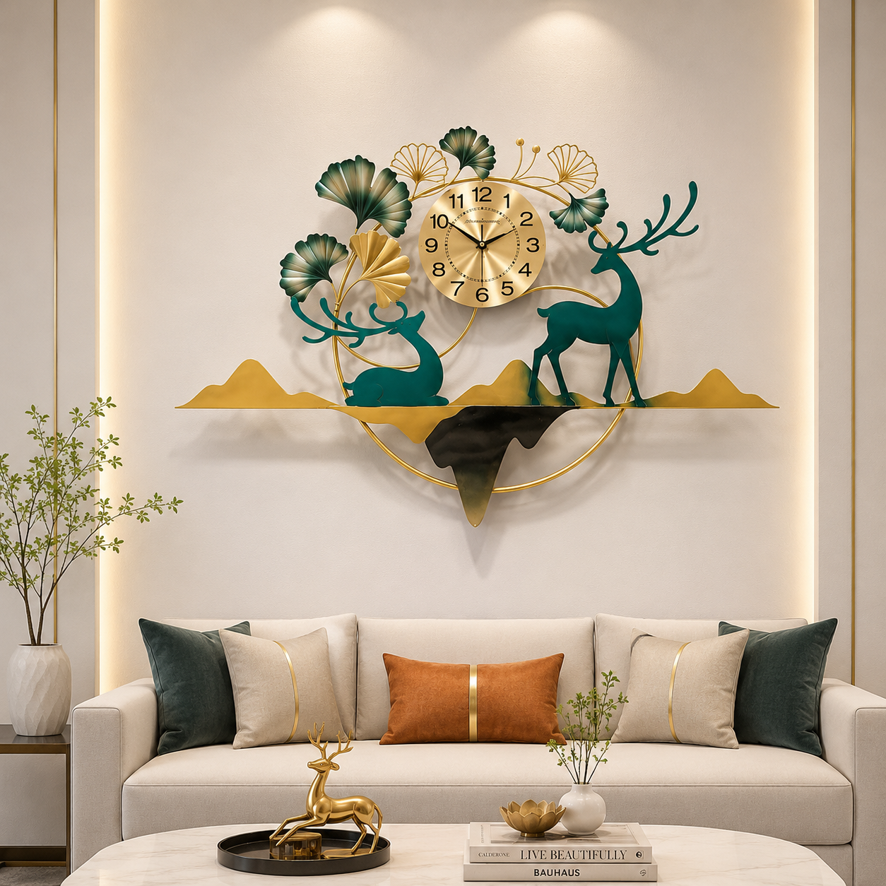Nordic Forest Luxury Metal Wall Clock – Golden Deer Designer Statement Timepiece
