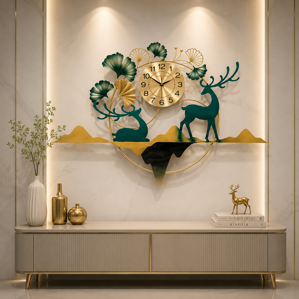 Nordic Forest Luxury Metal Wall Clock – Golden Deer Designer Statement Timepiece