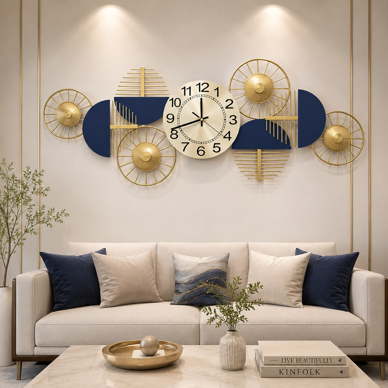 Celestial Harmony Luxury Metal Wall Clock – Modern Geometric Gold & Navy Statement Timepiece