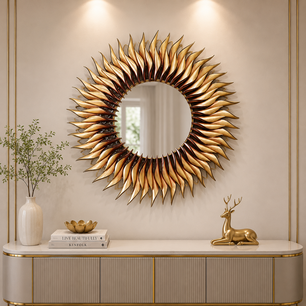 Solar Eclipse Luxury Sunburst Wall Mirror – Handcrafted Gold Designer Statement Décor