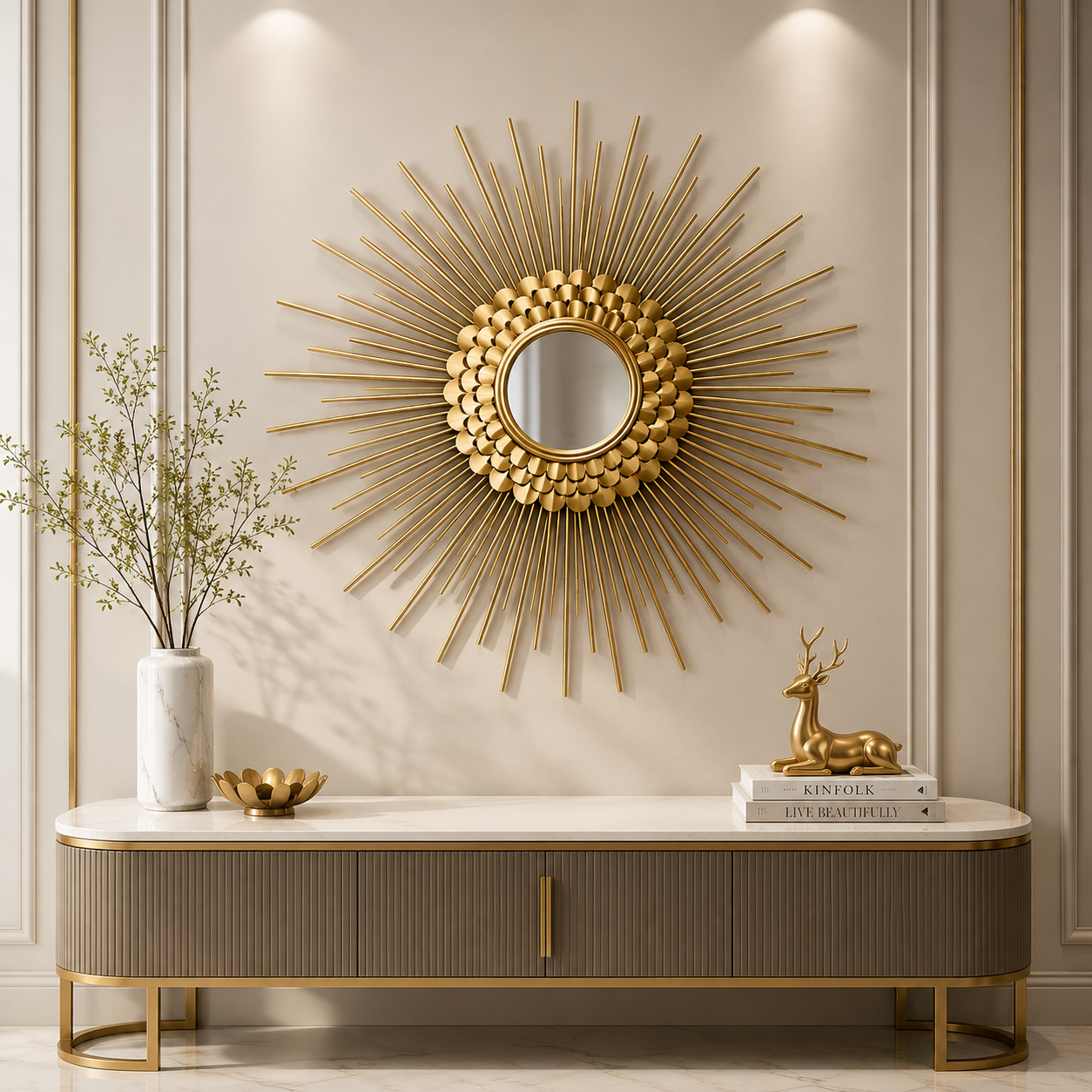 Radiant Sunburst Luxury Wall Mirror – Handcrafted Gold Designer Statement Mirror