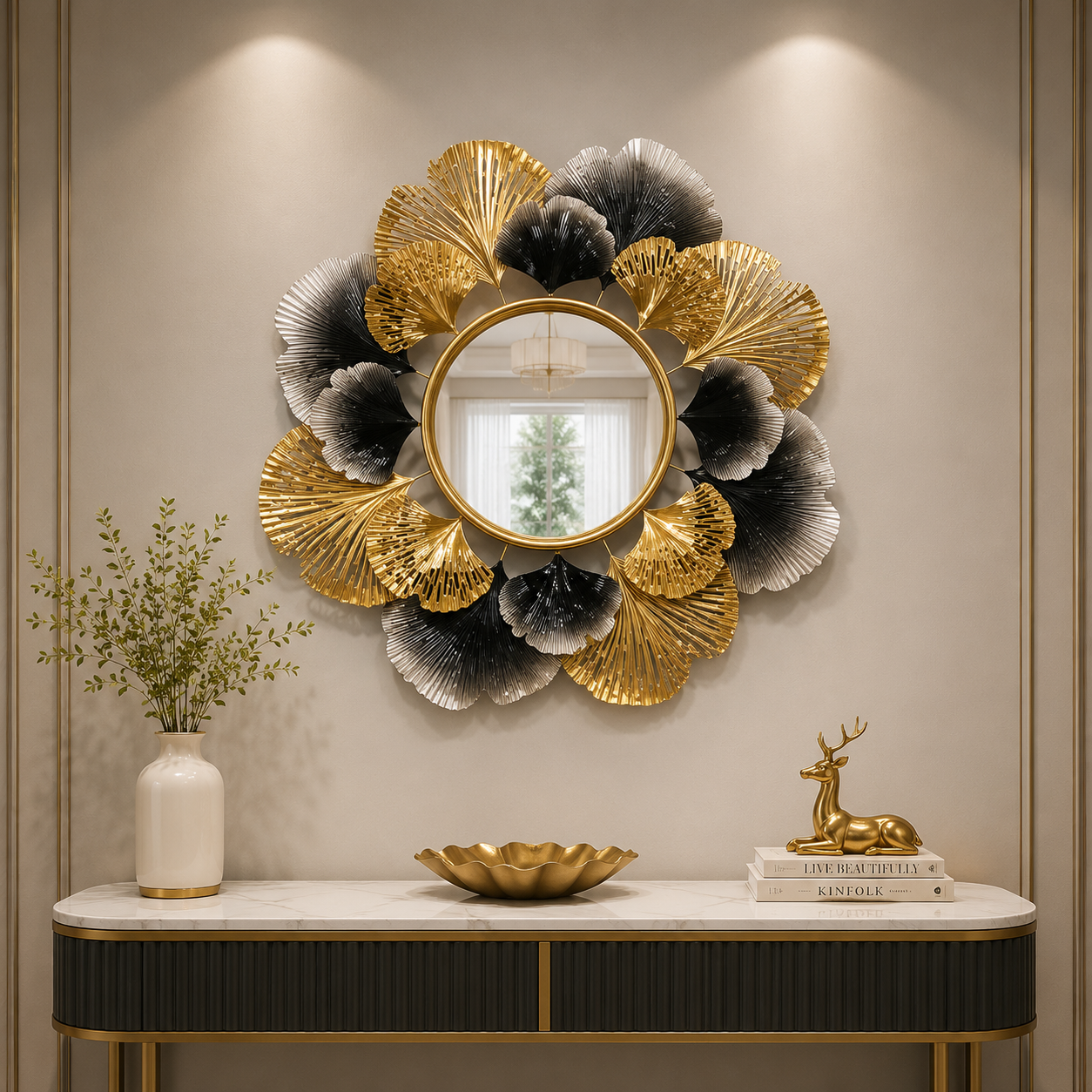 Royal Noir & Gold Ginkgo Designer Wall Mirror – Luxury Floral Metal Statement Décor
