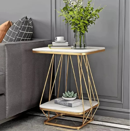 Luxury Modern Marble Top Side Table with Gold Geometric Metal Frame | 2-Tier End Table for Living Room, Bedroom & Office