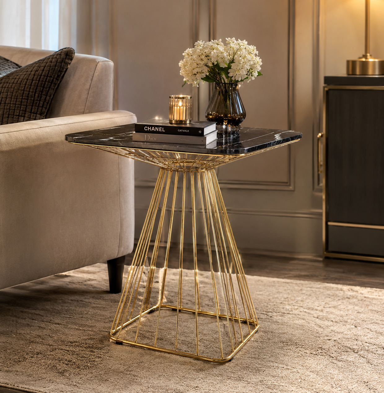 Luxury Gold Geometric Side Table with Black Marble-Effect Top | Modern Accent End Table | Contemporary Metal Coffee Table