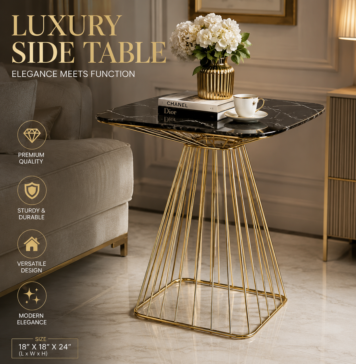 Luxury Gold Geometric Side Table with Black Marble-Effect Top | Modern Accent End Table | Contemporary Metal Coffee Table