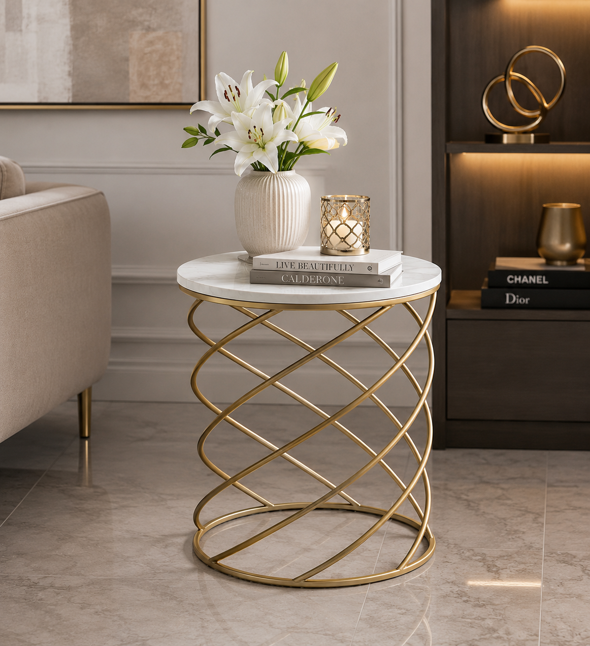 Luxury Round Marble Top Side Table with Gold Spiral Metal Frame | Modern Accent End Table