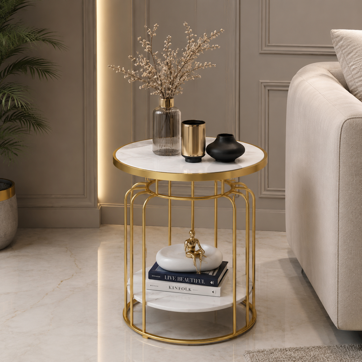 Luxe Marble Gold Round Side Table | Premium Modern Accent End Table for Living Room & Bedroom
