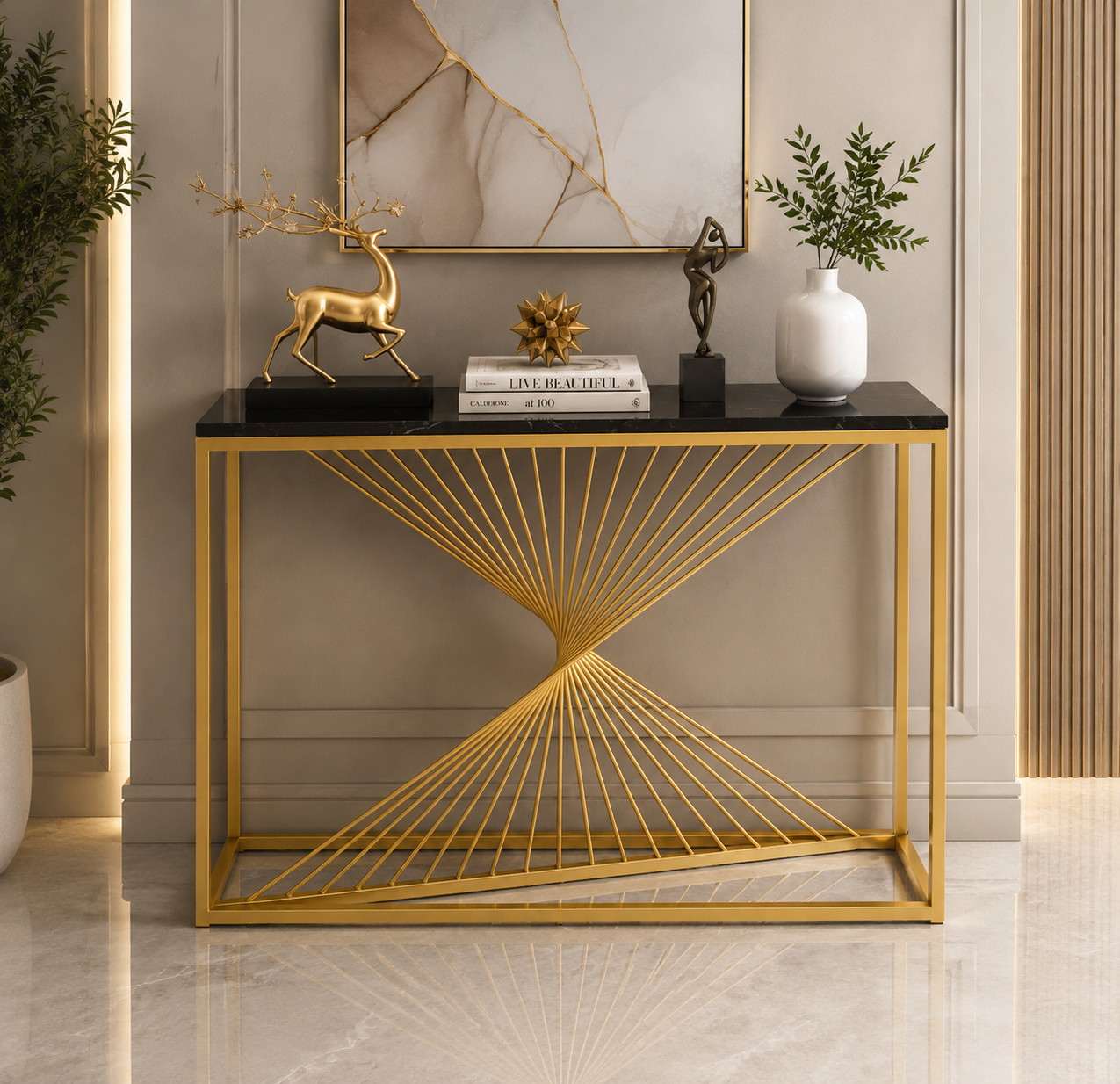 Imperial Luxe Marble Console Table | Premium Gold Geometric Entryway & Sofa Accent Table