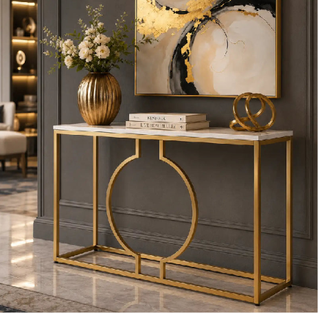 Luxury Gold Circular Frame Entryway Console | Celestia Marble Console Table