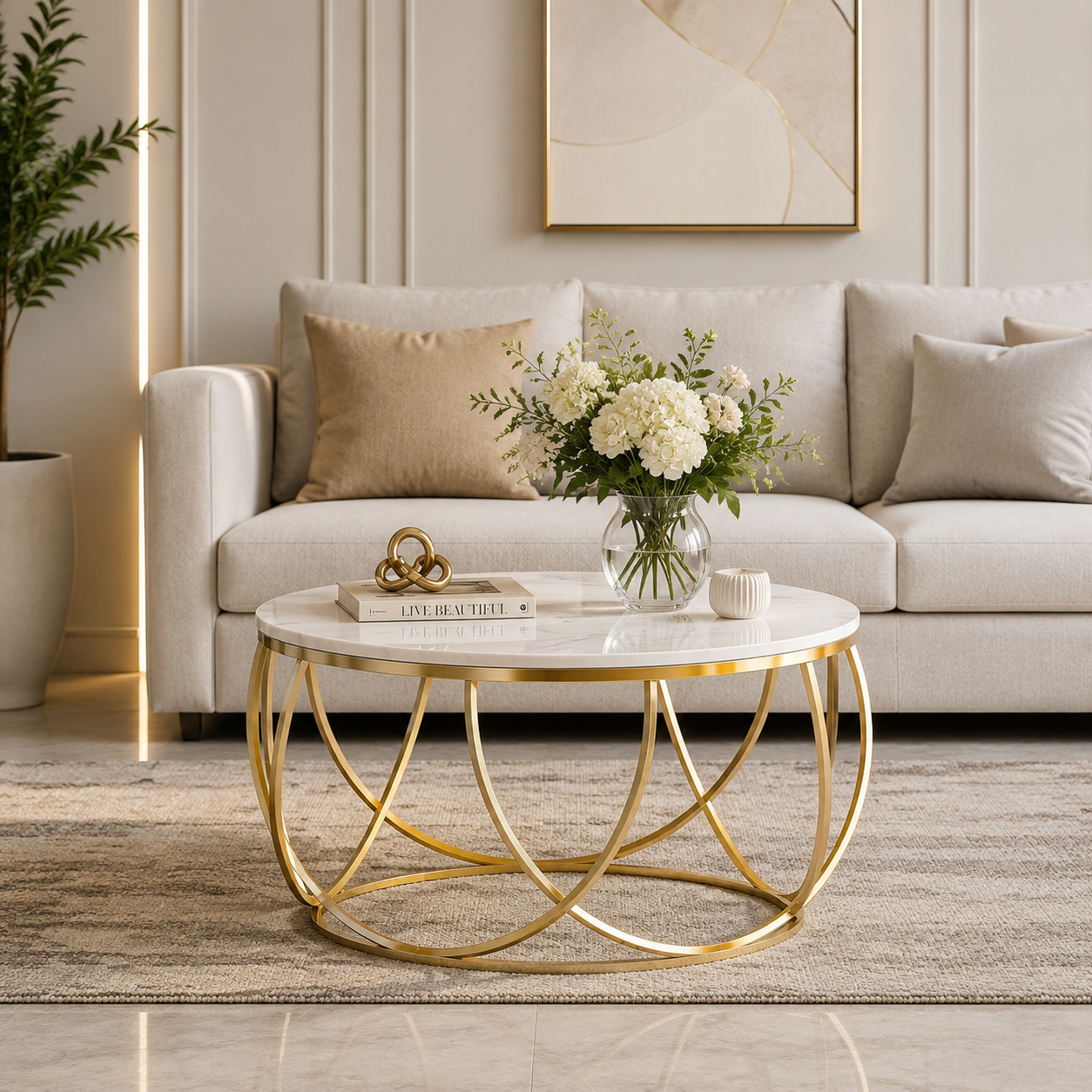 Luxe Round Coffee Table | Premium Marble Top Gold Accent Center Table