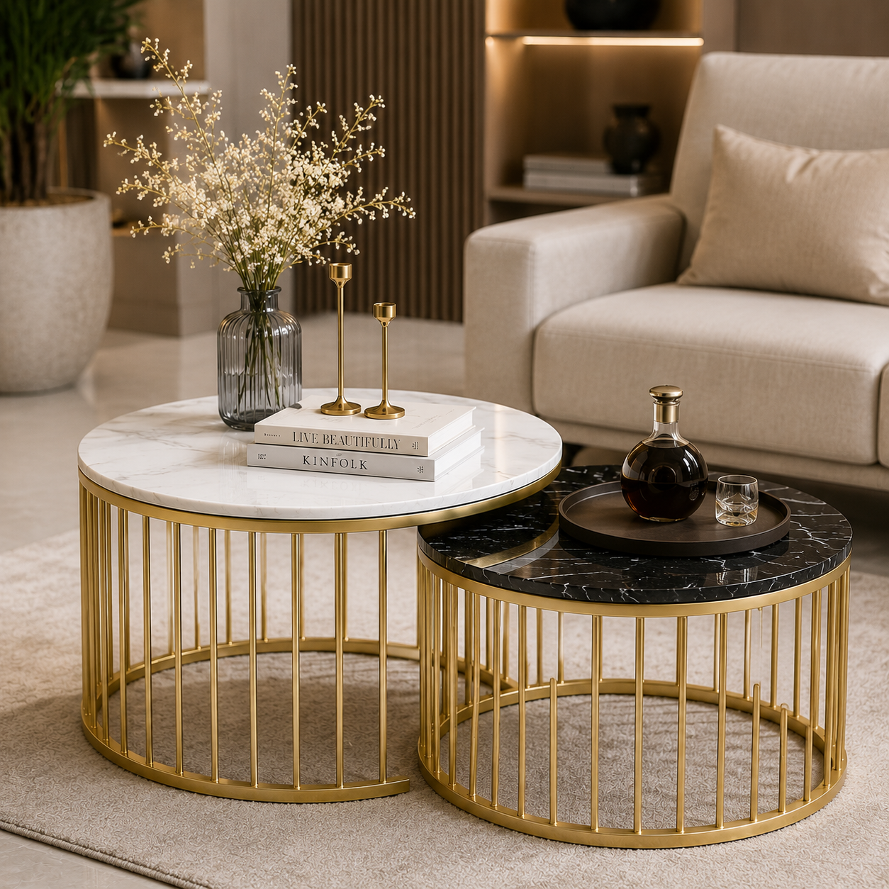 Luxe Nesting Coffee Table Set | Premium Marble Top Gold Round Center Tables (Set of 2)