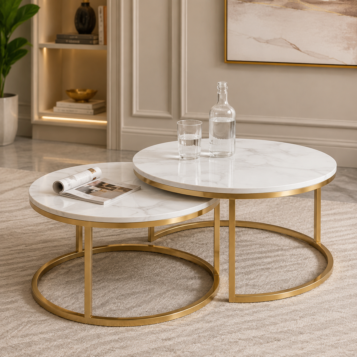 Luxe Nesting Coffee Table Set | Premium Marble Top Gold Round Center Tables (Set of 2)