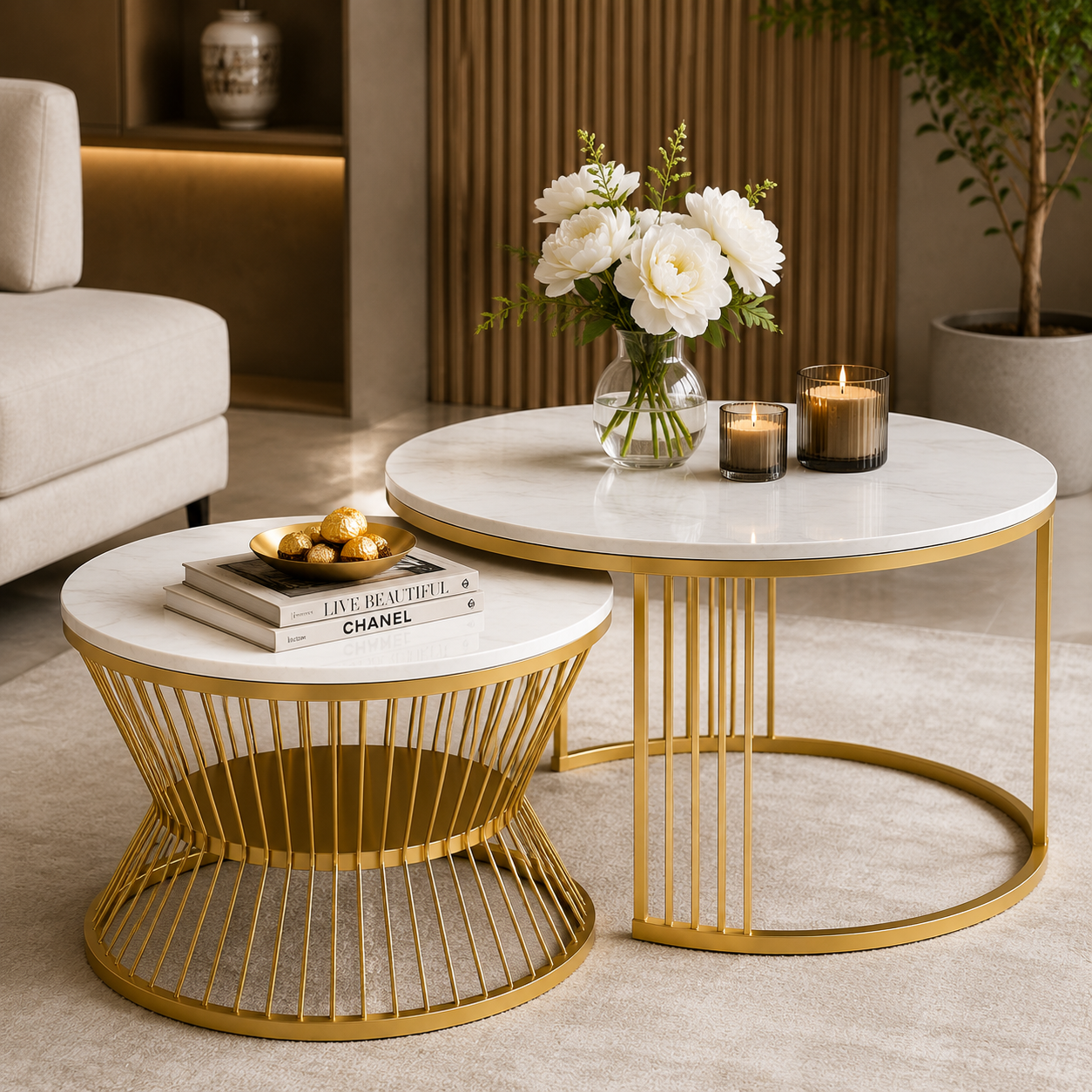Marbledia Luxe Nesting Coffee Table Set | Premium Marble Top Gold Round Center Tables (Set of 2)