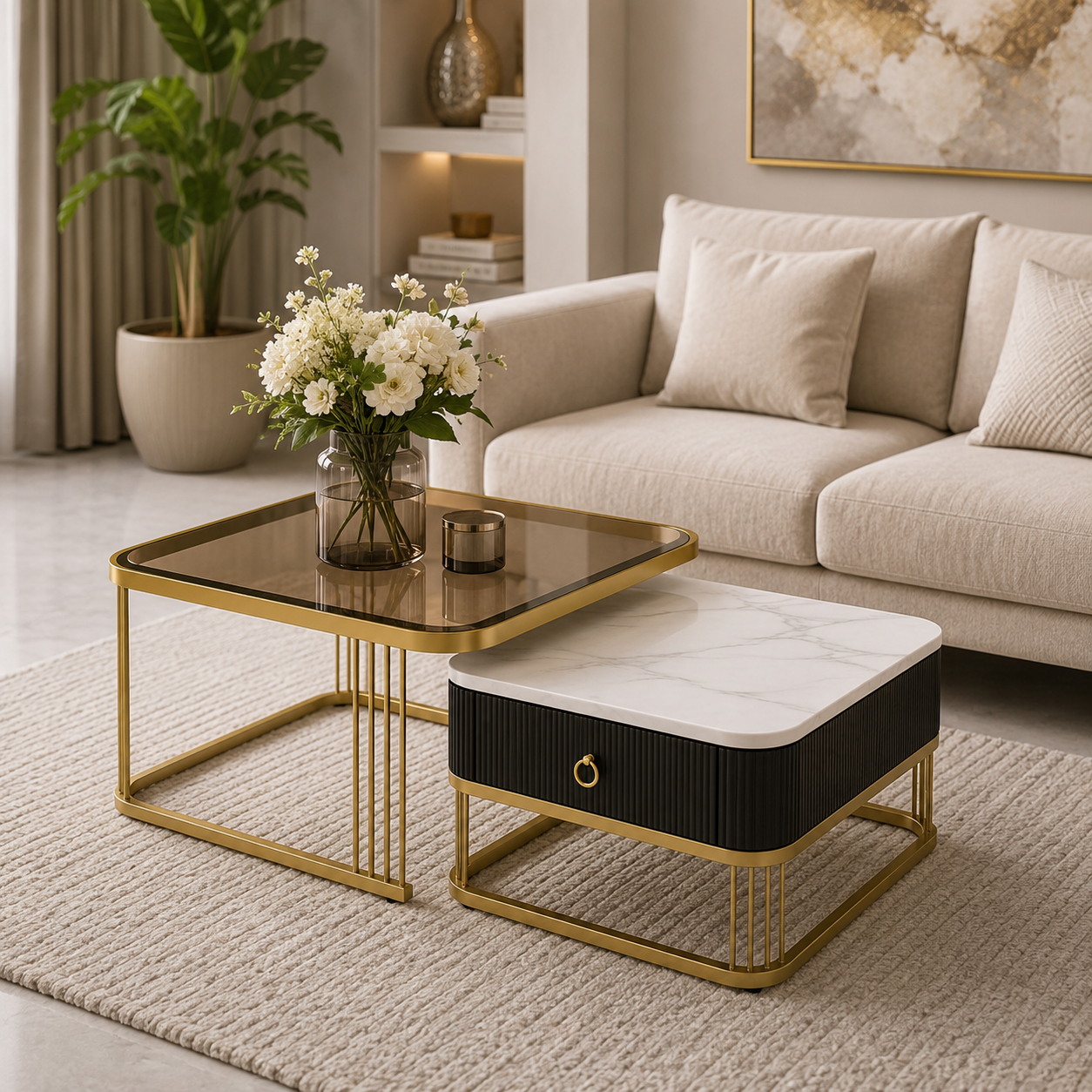 LuxeNest Duo Coffee Table Set | Premium Marble & Smoked Glass Nesting Center Tables
