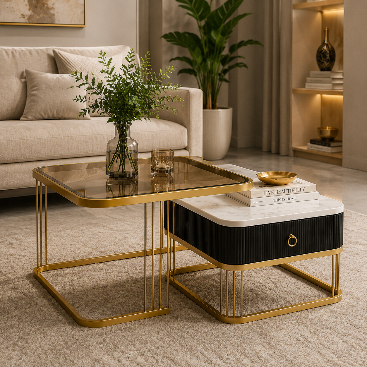 LuxeNest Duo Coffee Table Set | Premium Marble & Smoked Glass Nesting Center Tables