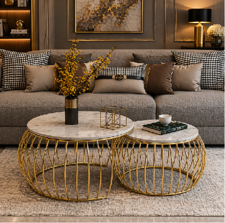 Marbledia Luxe Nesting Coffee Table Set | Premium Marble Top Gold Accent Center Tables (Set of 2)