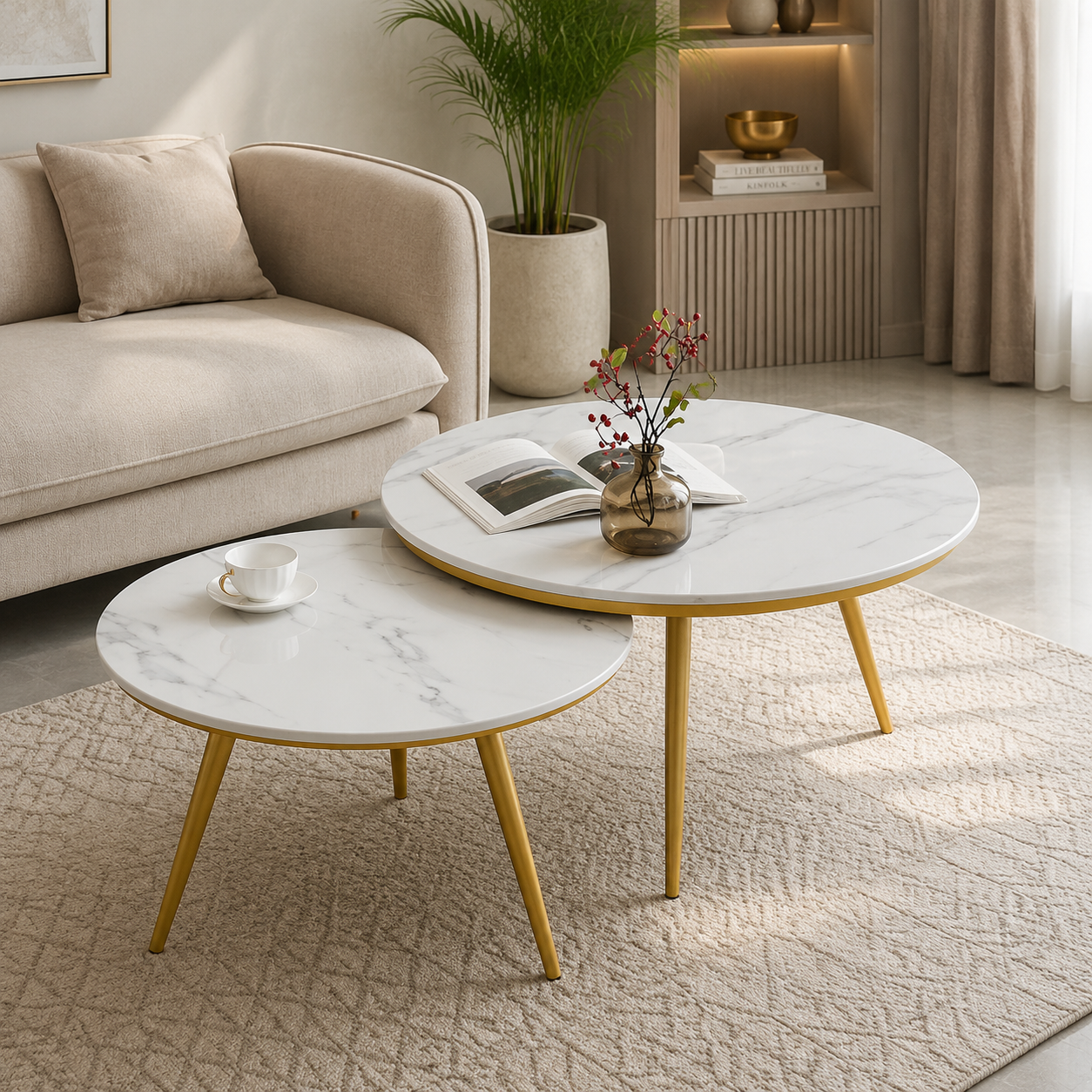 Aurélo Nesting Coffee Table Set | Premium Marble Top Round Coffee Tables (Set of 2)