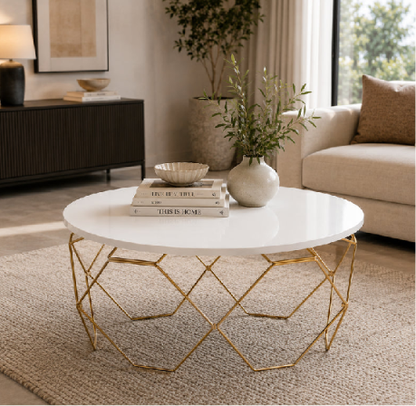 Luxury Geometric Gold Iron Coffee Table with White Marble Top Honeycomb Frame