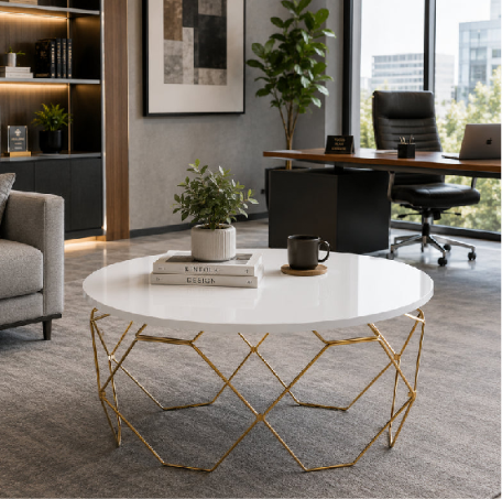 Luxury Geometric Gold Iron Coffee Table with White Marble Top Honeycomb Frame