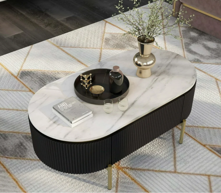 Luxury Oval Coffee Table with White MDF Top & Gold Steel Frame | Modern Center Table for Living Room