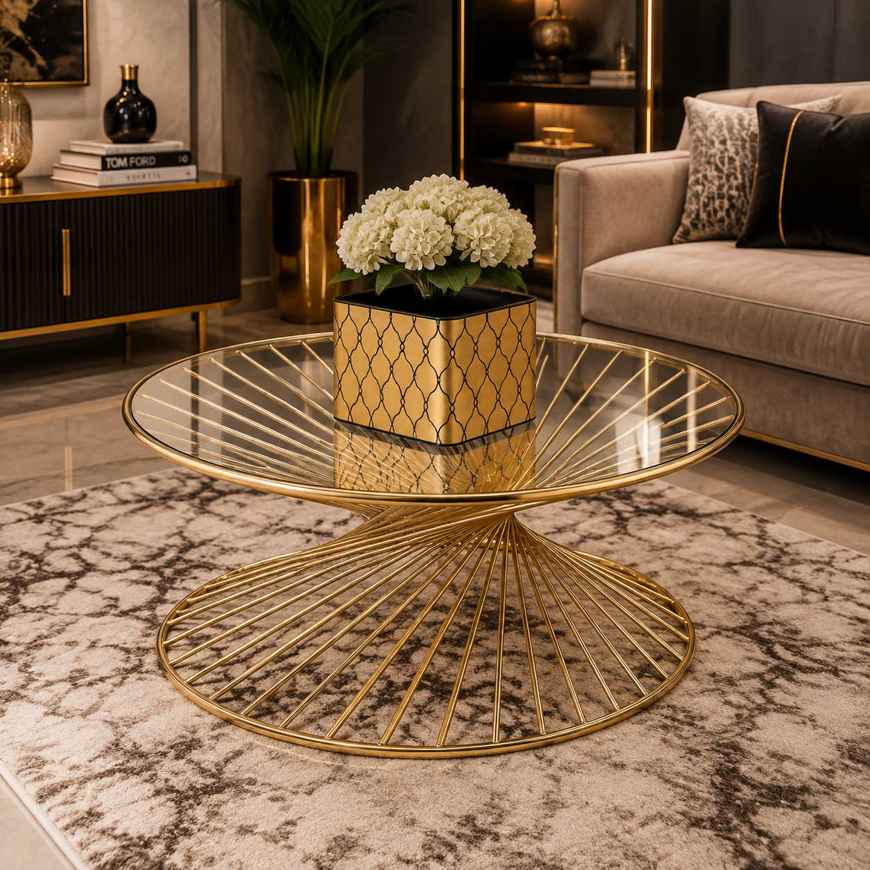 Premium Gold Spiral Marble Center Table | Modern Luxury Coffee Table