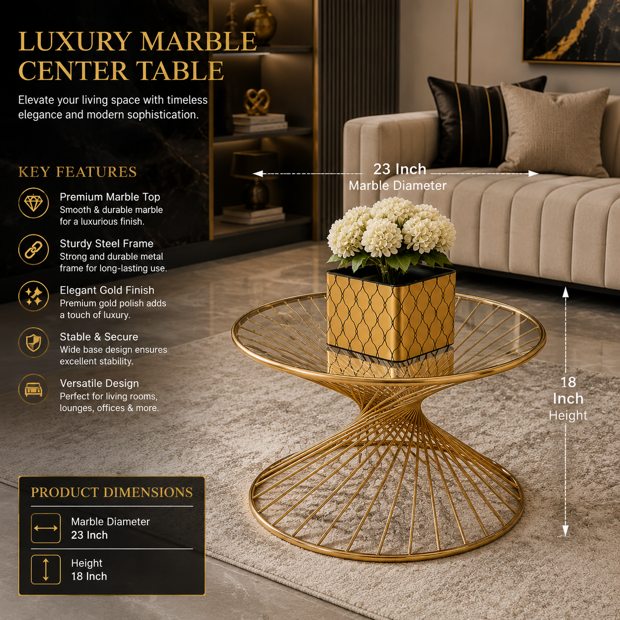 Premium Gold Spiral Marble Center Table | Modern Luxury Coffee Table