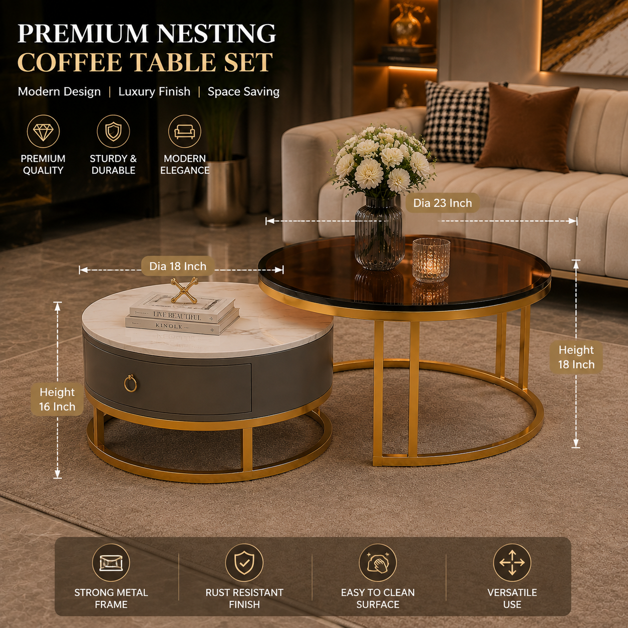 Luxury Dual-Tone Nesting Coffee Table Set with Glass & White Marble Top | Modern Gold Metal Center Tables