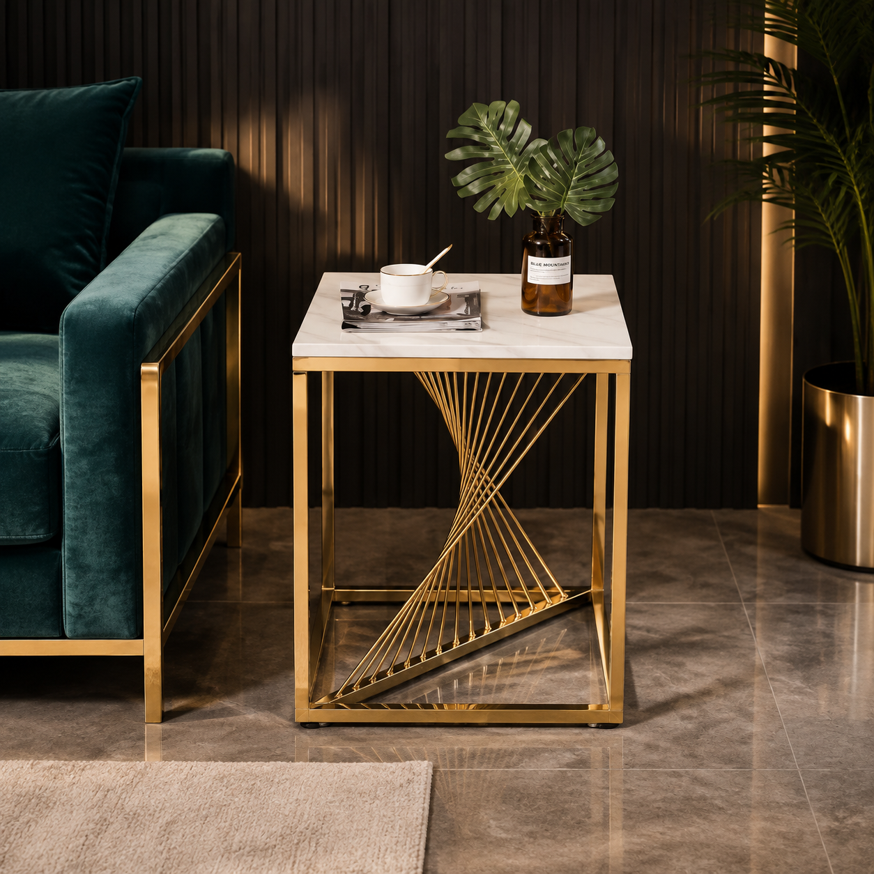 Premium Gold Spiral Marble Side Table | Modern Luxury End Table