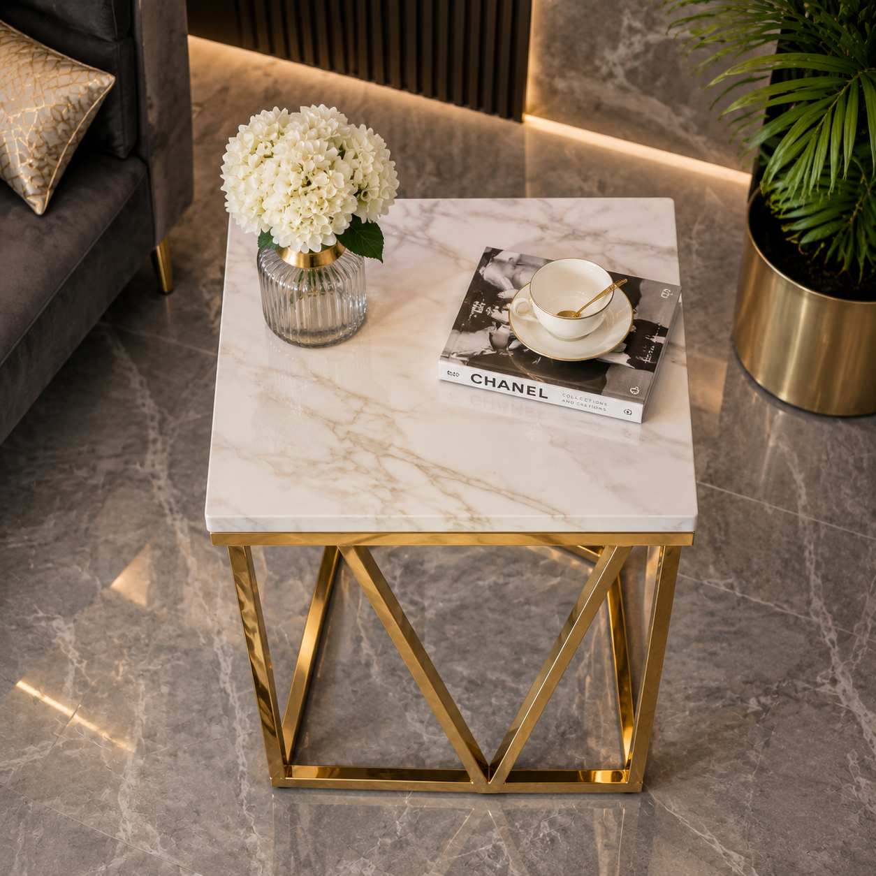 Premium Geometric Gold Marble Side Table | Luxury Modern End Table