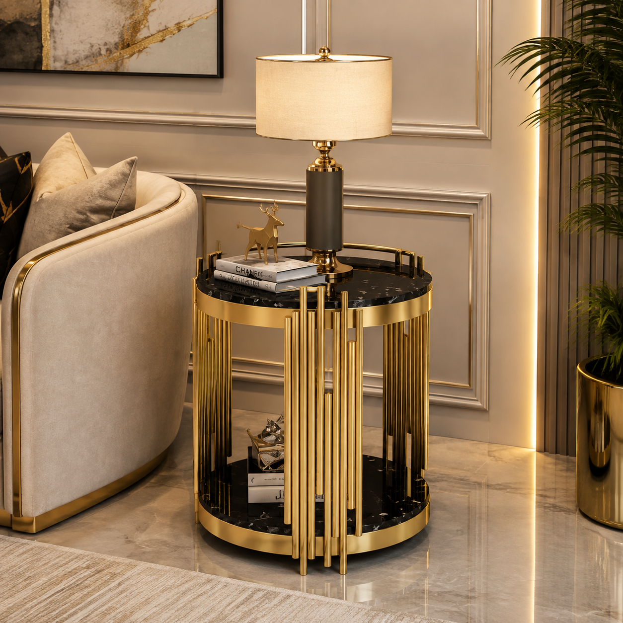 Premium Gold Round Marble End Table | Luxury Modern Side Table