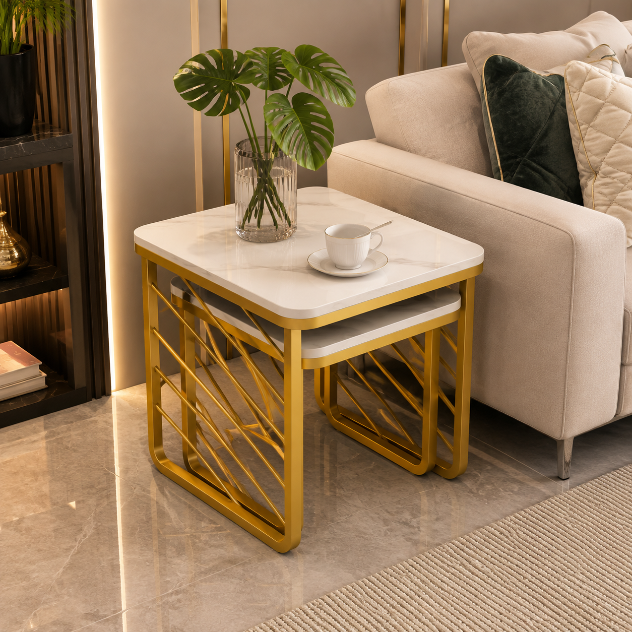 Premium Set of 2 Gold Nesting Tables | Modern Luxury Marble Coffee Table Set