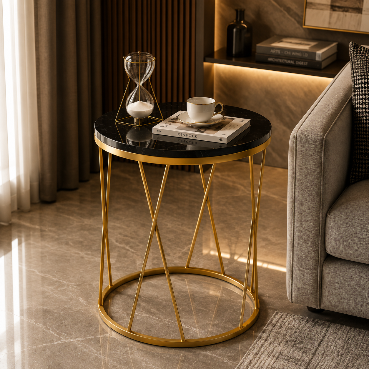 Premium Gold Round Marble Side Table | Modern Luxury Accent End Table
