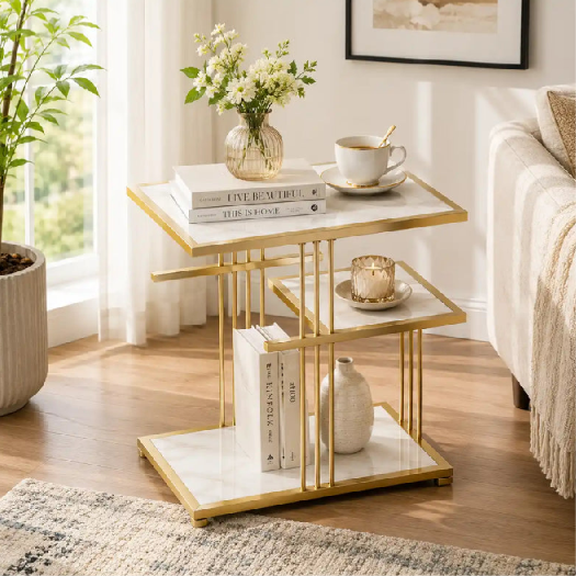 Premium Gold Marble C-Shaped Side Table | Modern Luxury Multi-Tier End Table