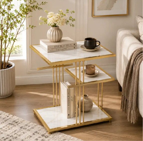 Premium Gold Marble C-Shaped Side Table | Modern Luxury Multi-Tier End Table